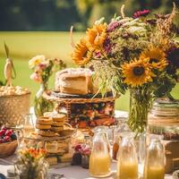 Autumnal dessert buffet table, event food catering for wedding, party and holiday celebration, cakes, sweets and desserts in autumn garden, generative ai photo