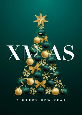 Abstract Luxury Christmas tree with realistic gold and green baubles