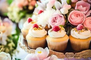 pastelitos, pasteles, bollos y magdalenas y fiesta decoración al aire libre a el Inglés país estilo jardín, dulce postres para boda, cumpleaños o fiesta celebracion, generativo ai foto