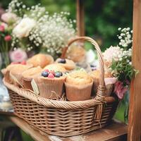 Summer garden harvest, farmers market and country buffet table, cakes and desserts in wicker basket in the garden, food catering for wedding and holiday celebration, floral decor photo