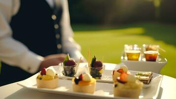 lujo comida servicio, aperitivos por un camarero a un Boda celebracion o formal evento en clásico Inglés estilo a lujoso hotel o país bienes, generativo ai foto