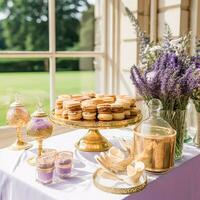 Dessert buffet table, food catering for wedding, party holiday celebration, lavender decor, cakes and desserts in a country garden, generative ai photo