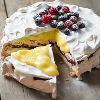 Meringue cake pudding with lemon curd sauce and berries as food, bakery and holiday baking recipe, generative ai photo