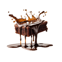 Chocolate flowing on brownie isolated on transparent background, created with generative AI png