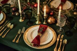 Christmas table scape, elegant formal dinner table setting, tablescape with holiday decoration for party event celebration, generative ai photo