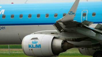 AMSTERDAM, THE NETHERLANDS JULY 27, 2017 - KLM Cityhopper Embraer 190 PH EZS landing on runway 18R Polderbaan. Shiphol Airport, Amsterdam, Holland video