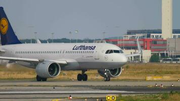 FRANKFURT AM MAIN, GERMANY JULY 19, 2017 - Lufthansa Airbus A320Neo D AINE turn to start before departure at runway 18. Fraport, Frankfurt, Germany video