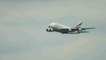 AMSTERDAM, THE NETHERLANDS JULY 25, 2017 - Emirates Airbus A380 A6 EOB climb after take off at Zwanenburgbaan 36C, Shiphol Airport, Amsterdam, Holland video