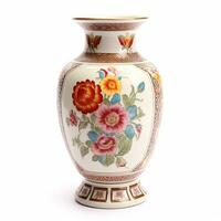 Antique vintage ceramic vase with floral print isolated on white background, country style home decor and interior design, generative ai photo
