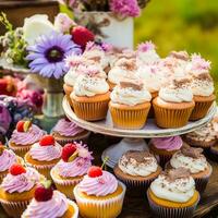 pastelitos, pasteles, bollos y magdalenas y fiesta decoración al aire libre a el Inglés país estilo jardín, dulce postres para boda, cumpleaños o fiesta celebracion, generativo ai foto