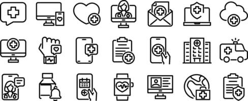 Digital healthcare and telemedicine editable outline icons set isolated vector illustration.