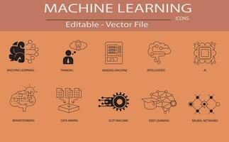 Machine learning concept icons use designed for Contains such icons as algorithms, data mining, smart intelligence, brainstorming, thinking, and more, which can be used for web and apps vector