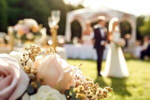 Wedding ceremony and celebration, bride and groom at a beautiful outdoor venue on a sunny day, luxury wedding decor with flowers and bridal bouquet, generative ai photo