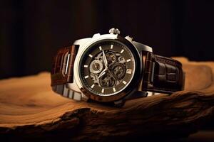 Luxury mens watch commercial concept prototype, bespoke design on dark wood background, generative ai photo