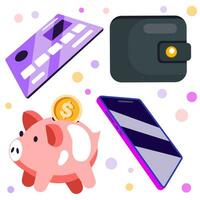 Money vector icon set. Credit card, phone, bag, wallet, piggy bank and coins