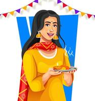 Indian woman worshiping god, holding puja thali in hand. Concept for Hindu occasions and festivals. vector