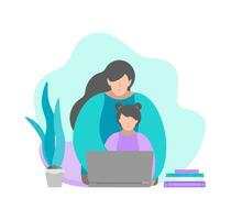 Vector illustration in flat style. Sitting mother and child with laptop. Online education with class in quarantine time, making homework with parent's help. Home schooling. Blue and violet colours