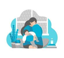 Vector flat concept. Tired crying mother with little baby on hands. Postpartum depression, emotional stress and anxiety in isolation at home. Problem of maternity to keep calm and mental health