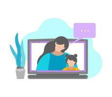 Vector isolated illustration in flat style. Mother and daughter are talking by video call using laptop. Online education with class or communication with family in quarantine time. White background