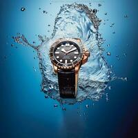 Waterproof luxury mens watch underwater in the ocean or sea commercial concept, bespoke water resistant design, generative ai photo