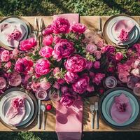 Holiday tablescape, formal dinner table setting, pink peony table scape with peonies decoration for wedding party and event celebration, generative ai photo