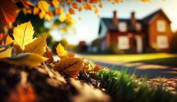 Abstract autumn scene and English country style house village on background, beautiful countryside nature with autumnal leaves and bokeh, generative ai photo