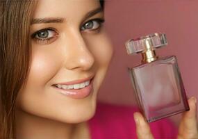 perfume, belleza producto y productos cosméticos modelo cara retrato en rosado fondo, hermosa mujer participación fragancia botella con floral femenino aroma, Moda y maquillaje foto