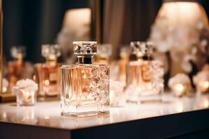 Premium AI Image  Luxury perfume bottles on display at a presentation  women fragrance scent new exclusive collection postprocessed generative ai