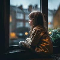 Girl gazing through window photo