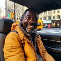 Black man hailing taxi photo