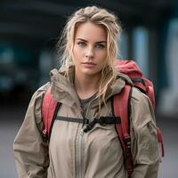 Sporty american woman backpacking photo