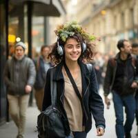 Girl carrying potted plant photo