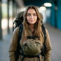 Sporty american woman backpacking photo