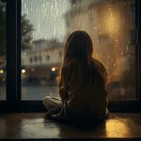 Girl gazing through window photo