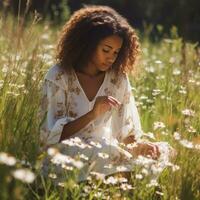 africano americano niña cosecha flores foto