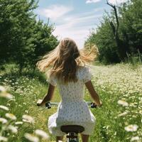 Girl cycling through chamomile field photo