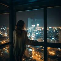 Woman observing city lights photo