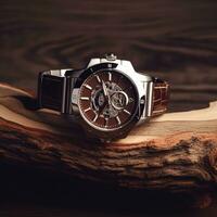 Luxury mens watch commercial concept prototype, bespoke design on dark wood background, generative ai photo