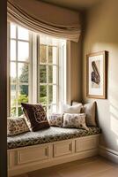 Window seat, interior design and comfort at home, reading nook with cushions and decor in a country house, English cottage style, generative ai photo