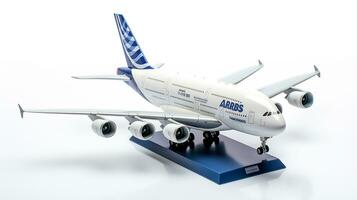 Displaying a 3D miniature Airbus A380. Generative AI photo