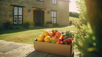 Food delivery, postal service and online grocery shopping, fruit box with fresh organic fruits from a local farm on a house doorstep in the countryside, generative ai photo