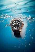 Waterproof luxury mens watch underwater in the ocean or sea commercial concept, bespoke water resistant design, generative ai photo