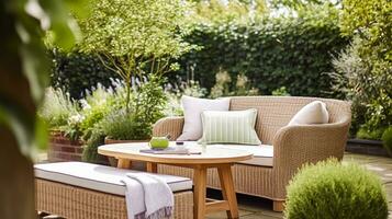 jardín salón, al aire libre mueble y campo casa patio decoración en un país cabaña estilo, generativo ai foto