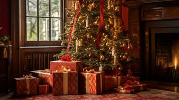 Christmas gifts, happy holidays and holiday celebration, wrapped gift boxes, presents and decorated Christmas tree, generative ai photo