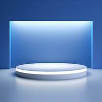 Shiny simple blue pedestal, stage, podium, empty space. Generative AI photo
