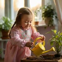 joven niña riego plantas foto