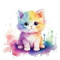 Cute watercolor cat in rainbow colors, isolated illustration on white background. Generative AI photo