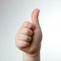Baby hand thumbs up, Approval thumbs up like sign, caucasian child hand gesture, generative ai photo