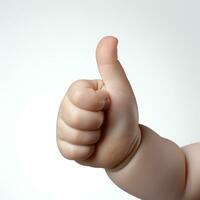 Baby hand thumbs up, Approval thumbs up like sign, caucasian child hand gesture, generative ai photo