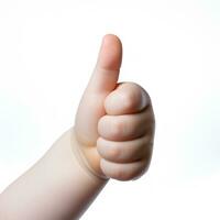 Baby hand thumbs up, Approval thumbs up like sign, caucasian child hand gesture, generative ai photo